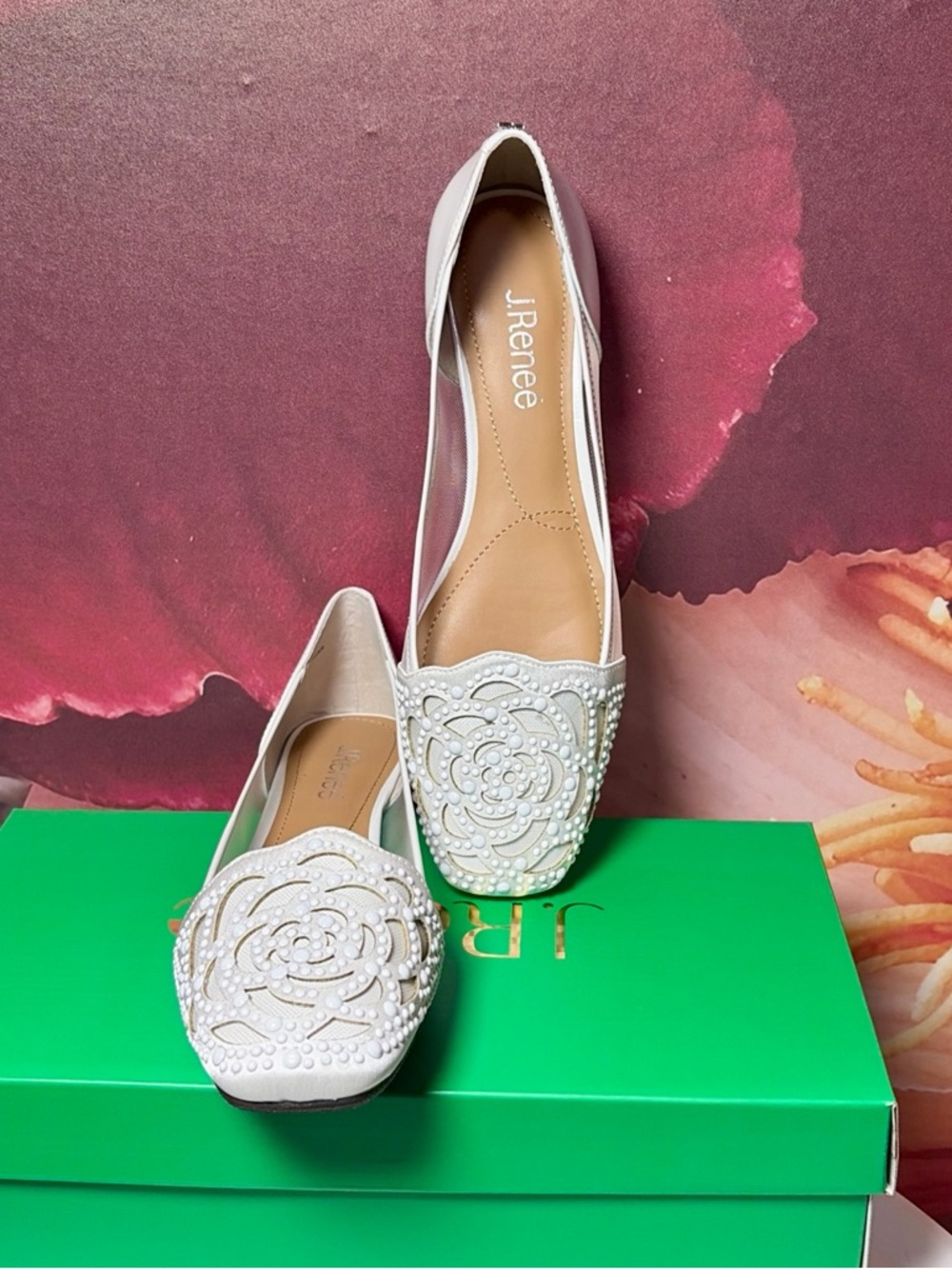 J. Renee Pariella White Flats Beaded Floral Mesh Dress Shoes 8.5 New
